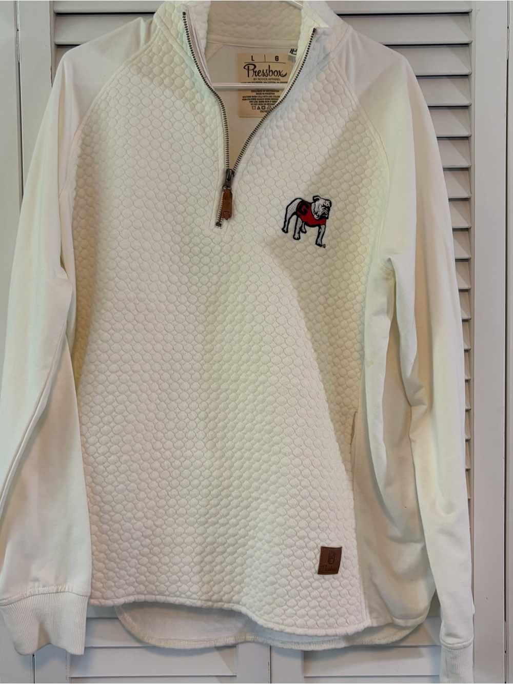 Pressbox Cream Quilted Half-Zip Pullover with Bulldog Patch